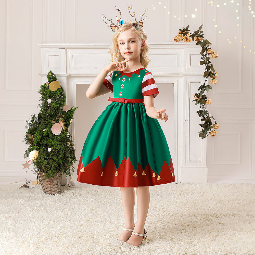 Kids Girls Red Stripe Sleeves Dress Red n Green Big Bowtie Christmas Outfit w Zip - Little Kooma