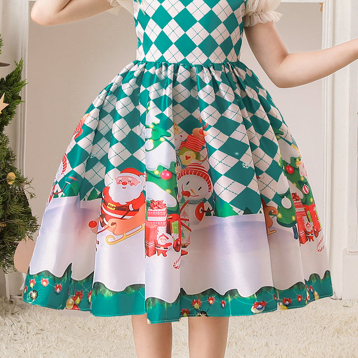 Kids Girls White Puff Sleeves Dress Green Checkers Santa Snowman Santa Sleigh Elk Christmas Outfit w Zip - Little Kooma