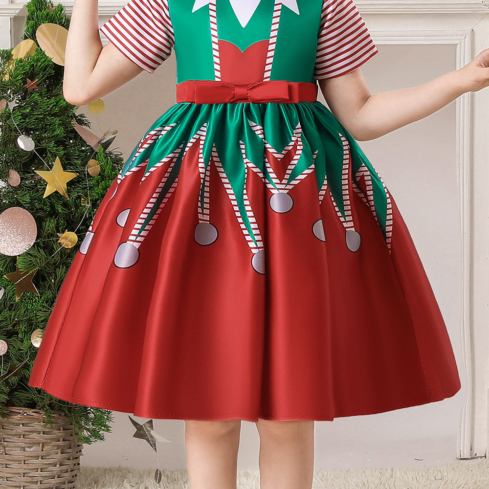 Kids Girls Short Stripe Sleeves Dress Red n Green Big Bowtie Christmas Outfit w Zip - Little Kooma