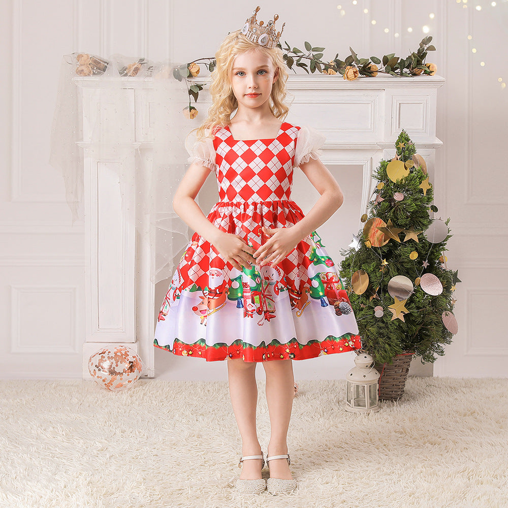 Kids Girls White Puff Sleeves Dress Red Checkers Santa Snowman Santa Sleigh Elk Christmas Outfit w Zip - Little Kooma