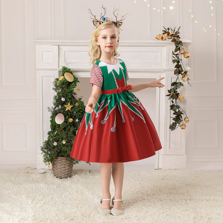 Kids Girls Short Stripe Sleeves Dress Red n Green Big Bowtie Christmas Outfit w Zip - Little Kooma