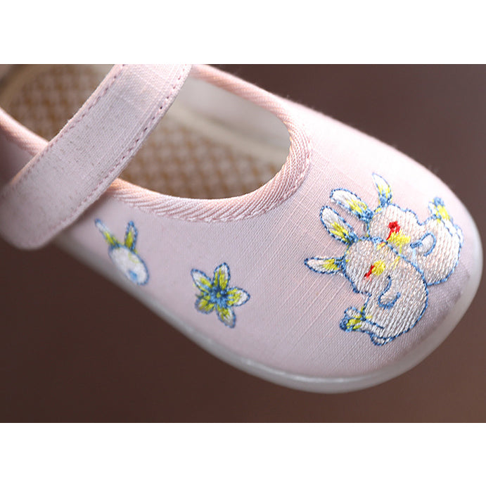 Baby Girl Textile Anti-slip Flats Embroidered Bunnies Cow Shoes Magic Tape BBX - Little Kooma