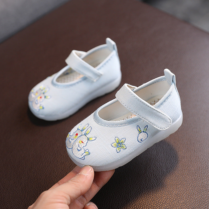 Baby Girl Textile Anti-slip Flats Embroidered Bunnies Cow Shoes Magic Tape BBX - Little Kooma