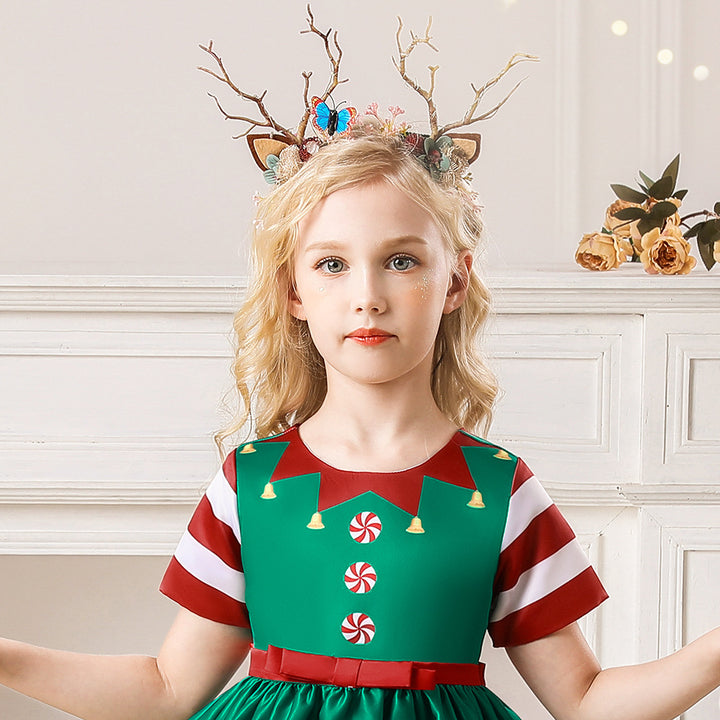 Kids Girls Red Stripe Sleeves Dress Red n Green Big Bowtie Christmas Outfit w Zip - Little Kooma