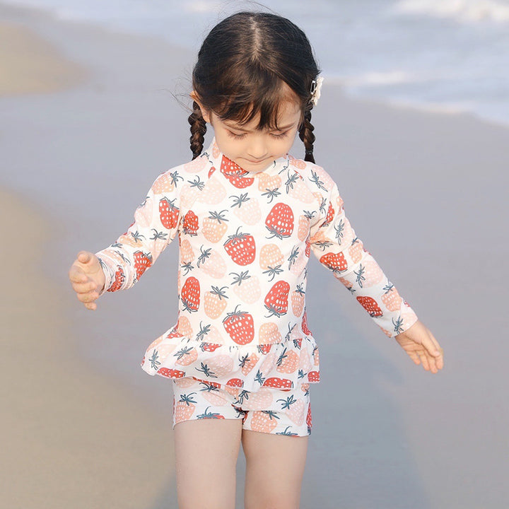 Baby Kids Girl's Strawberry Prints Long Sleeves Two Piece Swimming Suit Top Shorts n Free Cap 907052 - Little Kooma