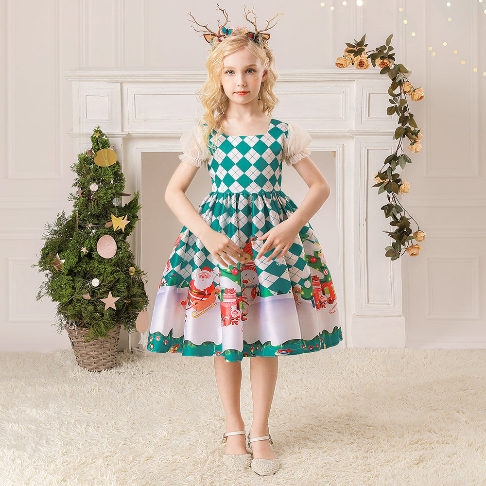 Kids Girls White Puff Sleeves Dress Green Checkers Santa Snowman Santa Sleigh Elk Christmas Outfit w Zip - Little Kooma