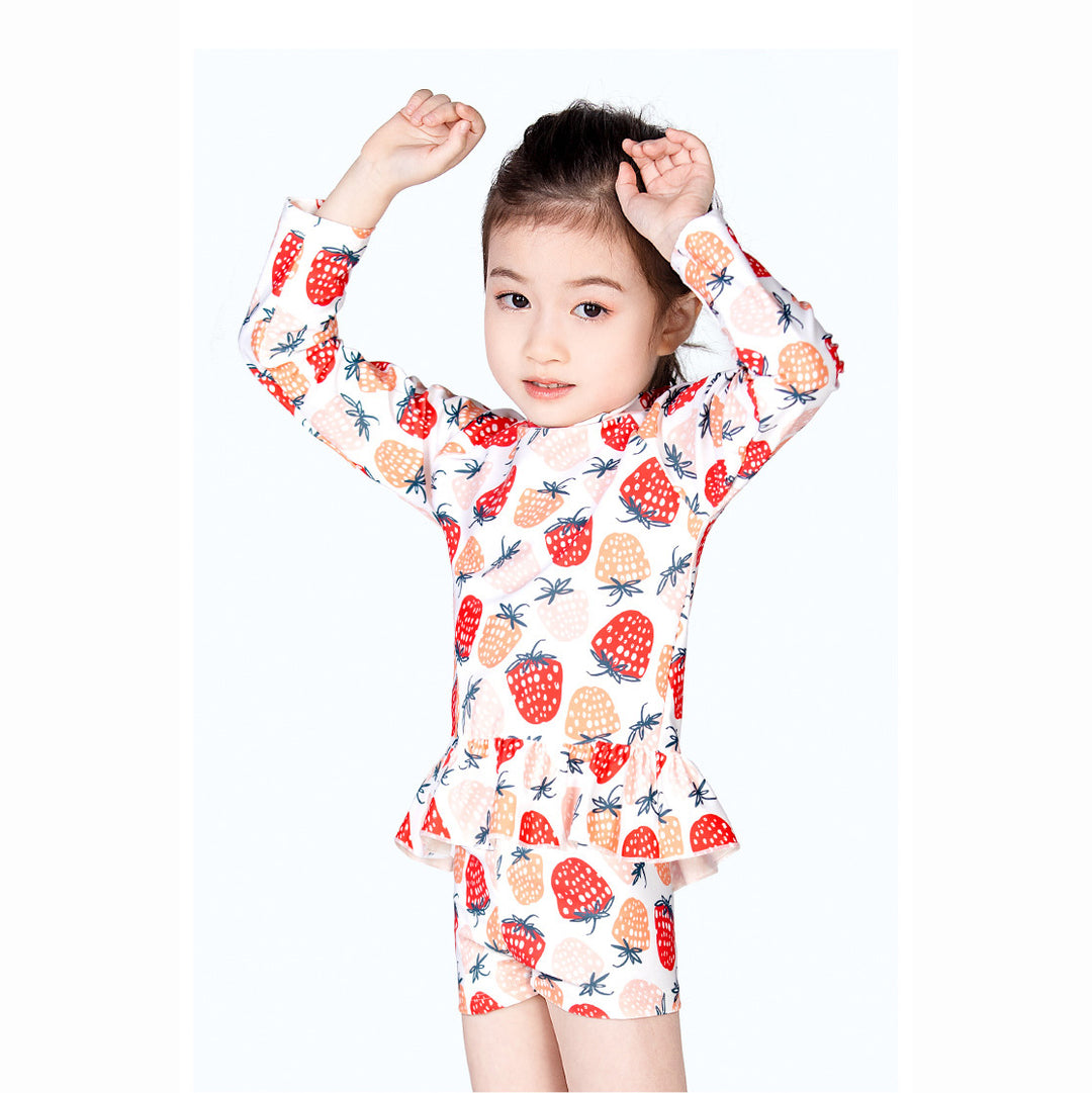 Baby Kids Girl's Strawberry Prints Long Sleeves Two Piece Swimming Suit Top Shorts n Free Cap 907052 - Little Kooma