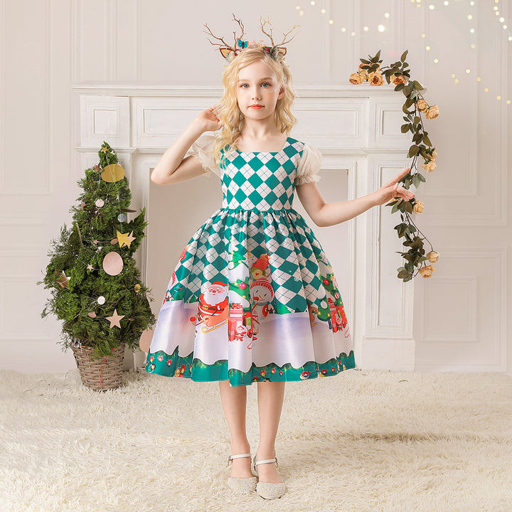 Kids Girls White Puff Sleeves Dress Green Checkers Santa Snowman Santa Sleigh Elk Christmas Outfit w Zip - Little Kooma