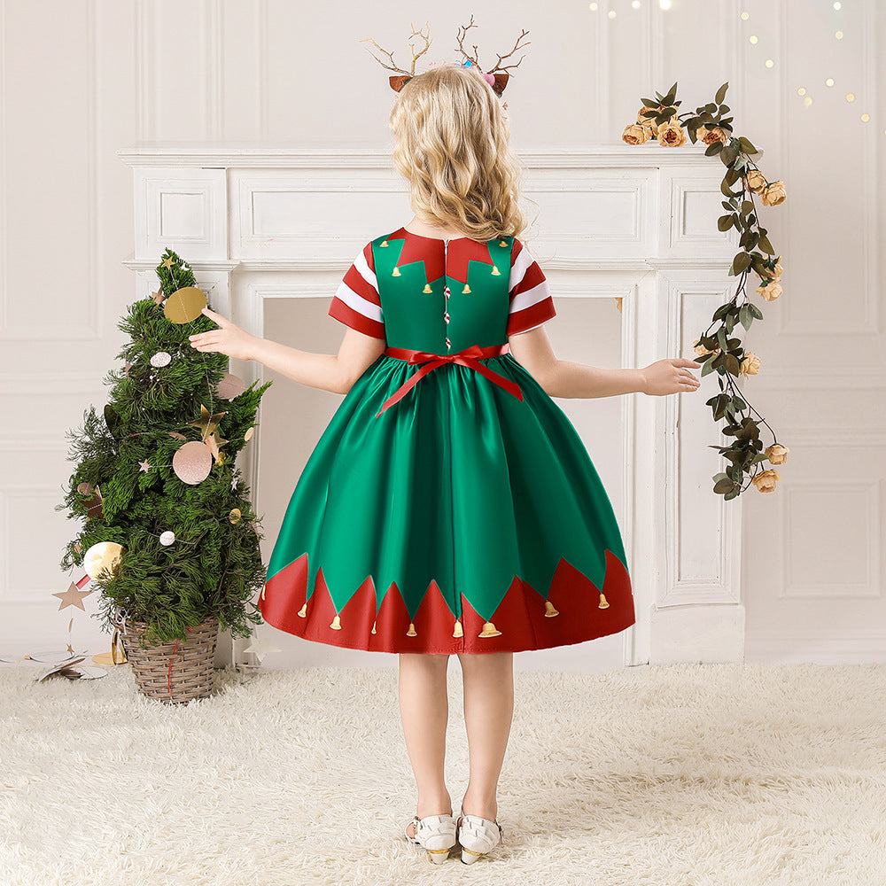 Kids Girls Red Stripe Sleeves Dress Red n Green Big Bowtie Christmas Outfit w Zip - Little Kooma