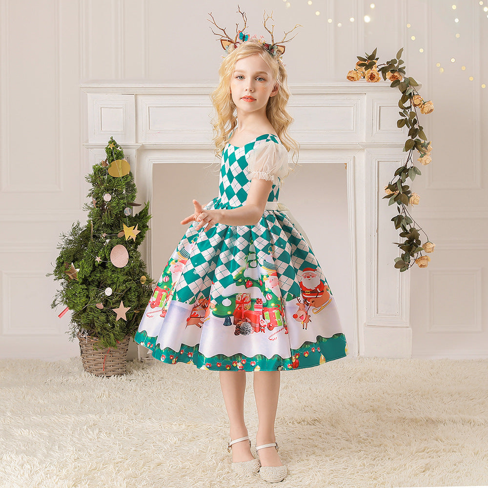 Kids Girls White Puff Sleeves Dress Green Checkers Santa Snowman Santa Sleigh Elk Christmas Outfit w Zip - Little Kooma