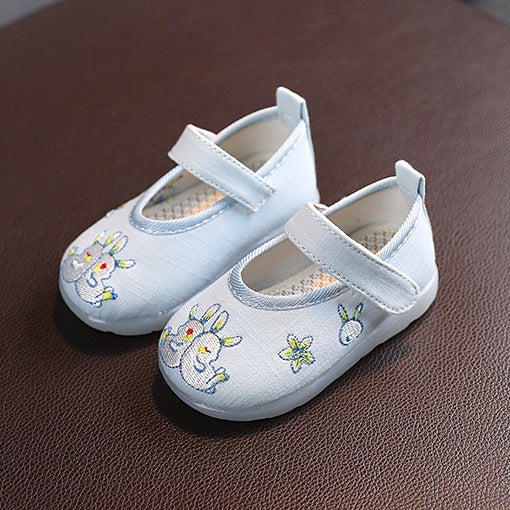 Baby Girl Textile Anti-slip Flats Embroidered Bunnies Cow Shoes Magic Tape BBX - Little Kooma