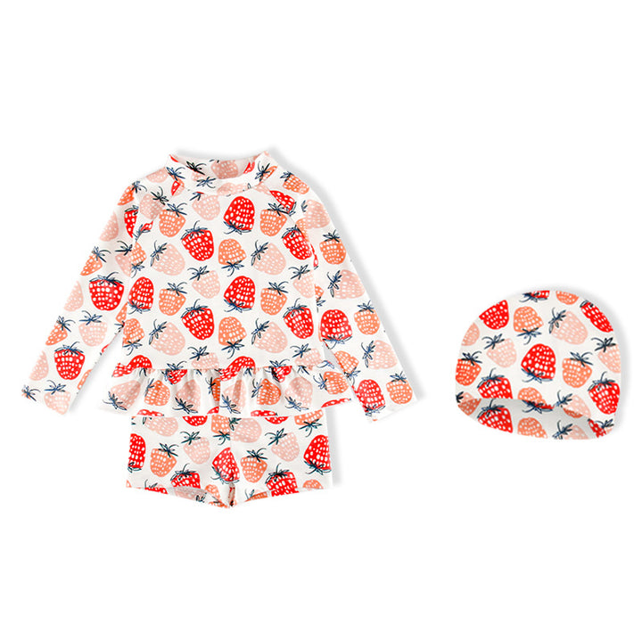 Baby Kids Girl's Strawberry Prints Long Sleeves Two Piece Swimming Suit Top Shorts n Free Cap 907052 - Little Kooma