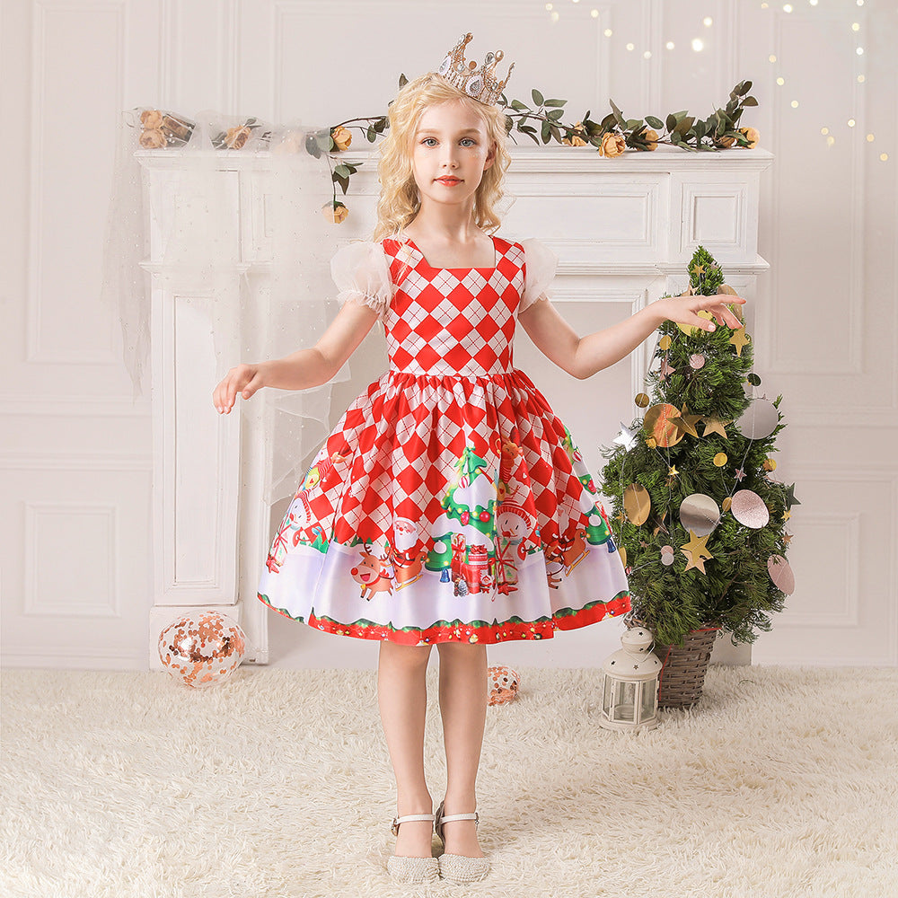 Kids Girls White Puff Sleeves Dress Red Checkers Santa Snowman Santa Sleigh Elk Christmas Outfit w Zip - Little Kooma