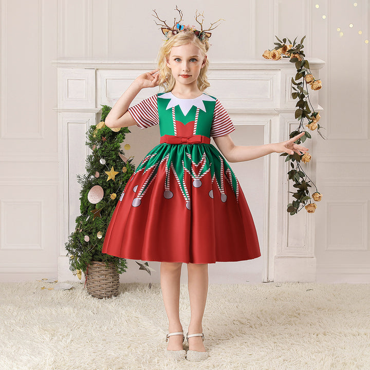 Kids Girls Short Stripe Sleeves Dress Red n Green Big Bowtie Christmas Outfit w Zip - Little Kooma