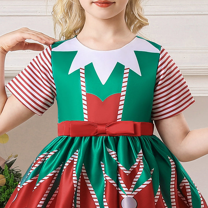 Kids Girls Short Stripe Sleeves Dress Red n Green Big Bowtie Christmas Outfit w Zip - Little Kooma