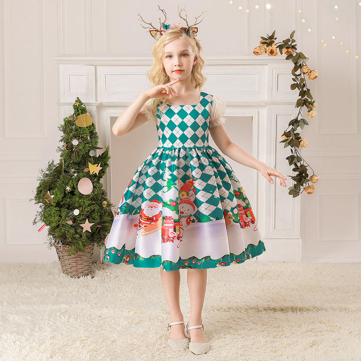 Kids Girls White Puff Sleeves Dress Green Checkers Santa Snowman Santa Sleigh Elk Christmas Outfit w Zip - Little Kooma