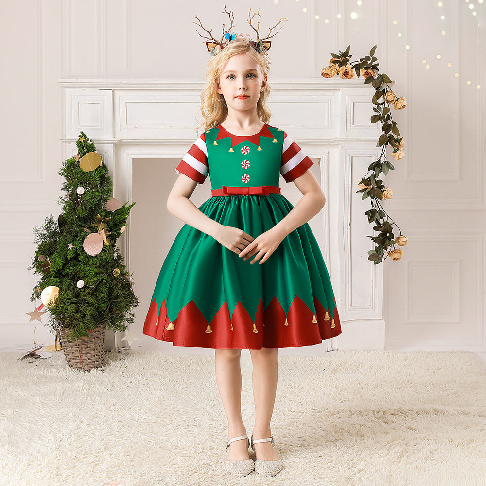 Kids Girls Red Stripe Sleeves Dress Red n Green Big Bowtie Christmas Outfit w Zip - Little Kooma