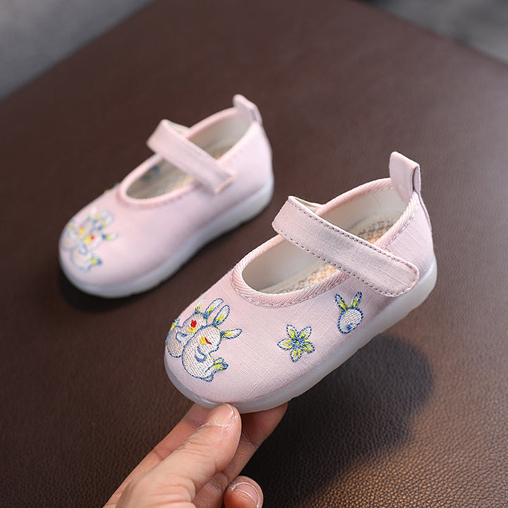 Baby Girl Textile Anti-slip Flats Embroidered Bunnies Cow Shoes Magic Tape BBX - Little Kooma