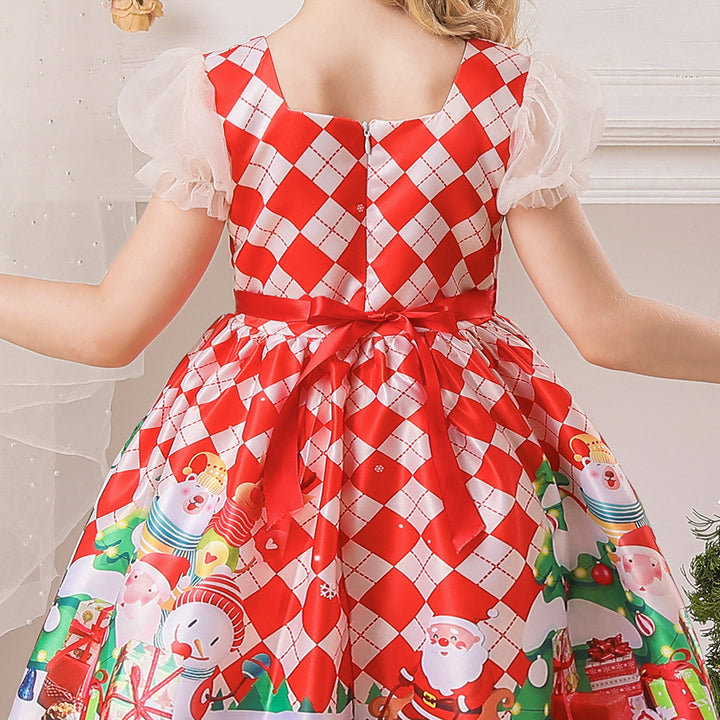 Kids Girls White Puff Sleeves Dress Red Checkers Santa Snowman Santa Sleigh Elk Christmas Outfit w Zip - Little Kooma