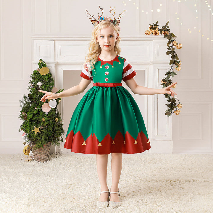 Kids Girls Red Stripe Sleeves Dress Red n Green Big Bowtie Christmas Outfit w Zip - Little Kooma