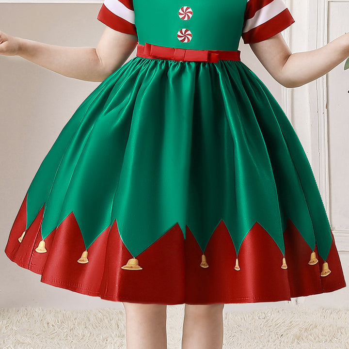 Kids Girls Red Stripe Sleeves Dress Red n Green Big Bowtie Christmas Outfit w Zip - Little Kooma