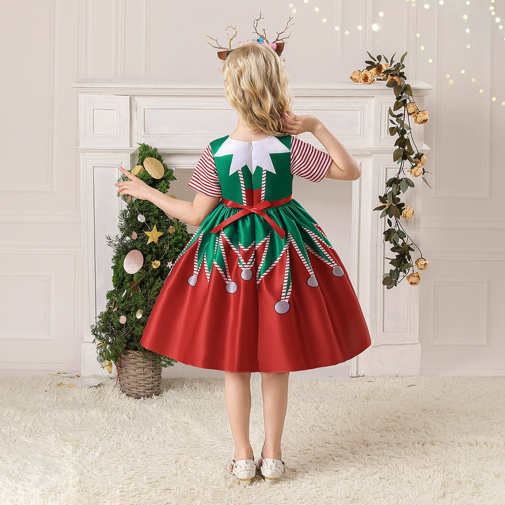 Kids Girls Short Stripe Sleeves Dress Red n Green Big Bowtie Christmas Outfit w Zip - Little Kooma