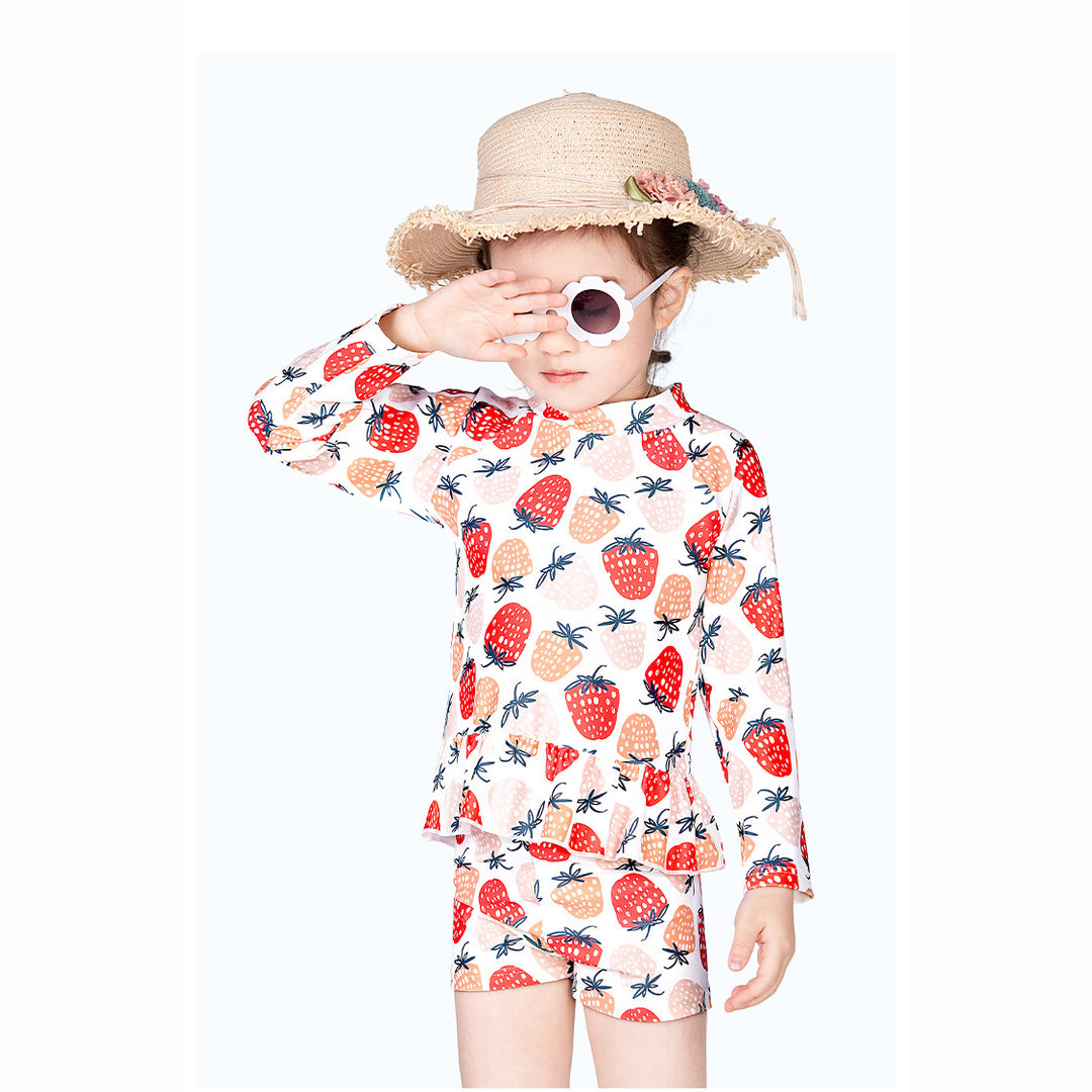 Baby Kids Girl's Strawberry Prints Long Sleeves Two Piece Swimming Suit Top Shorts n Free Cap 907052 - Little Kooma