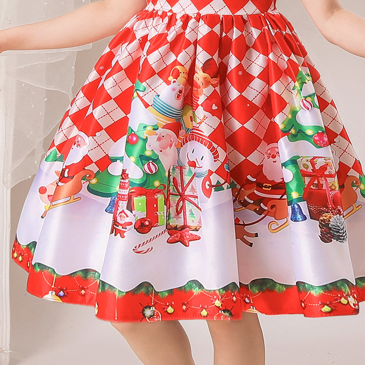 Kids Girls White Puff Sleeves Dress Red Checkers Santa Snowman Santa Sleigh Elk Christmas Outfit w Zip - Little Kooma