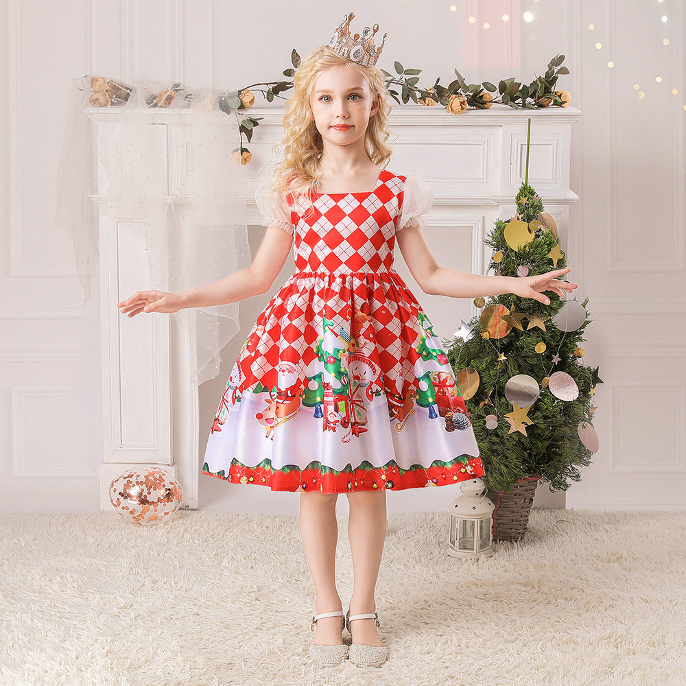 Kids Girls White Puff Sleeves Dress Red Checkers Santa Snowman Santa Sleigh Elk Christmas Outfit w Zip - Little Kooma