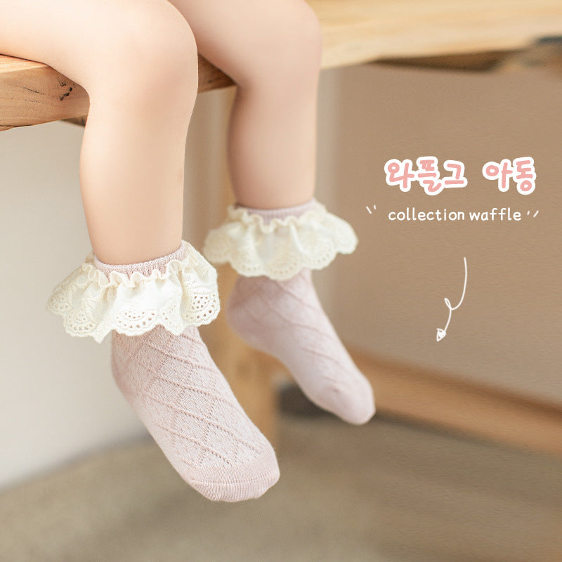 Baby Kids Girl Lace Brim Waffle Ankle Socks - Little Kooma