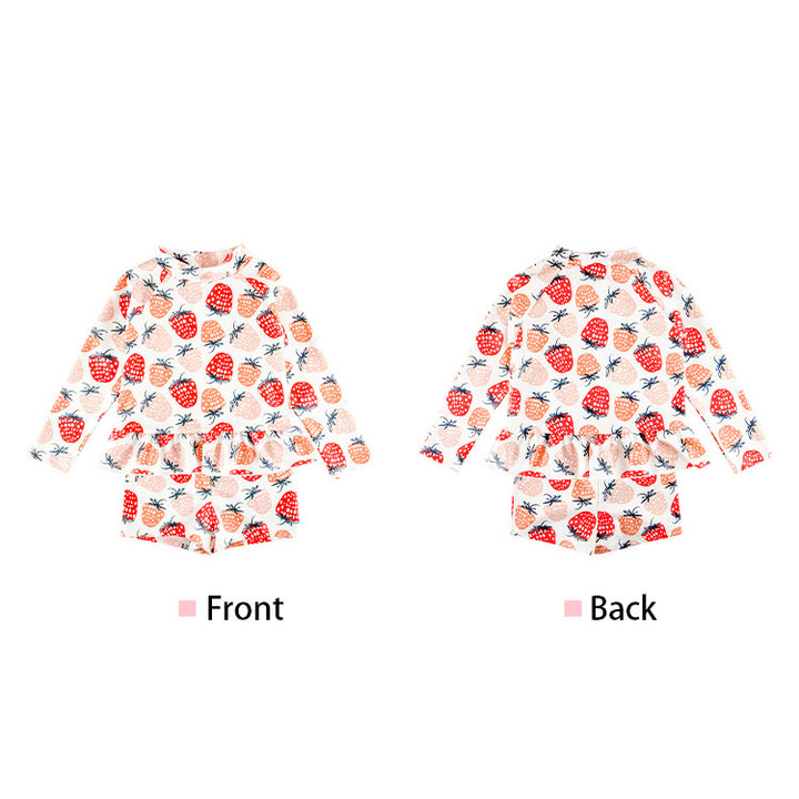 Baby Kids Girl's Strawberry Prints Long Sleeves Two Piece Swimming Suit Top Shorts n Free Cap 907052 - Little Kooma