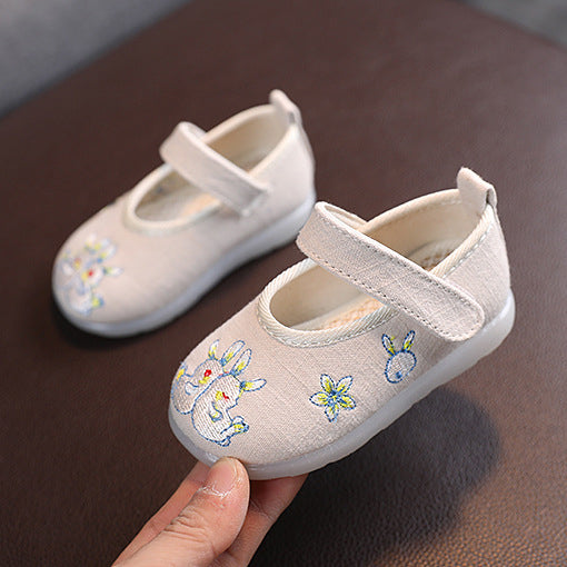 Baby Girl Textile Anti-slip Flats Embroidered Bunnies Cow Shoes Magic Tape BBX - Little Kooma