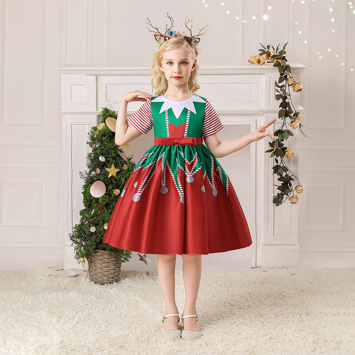 Kids Girls Short Stripe Sleeves Dress Red n Green Big Bowtie Christmas Outfit w Zip - Little Kooma