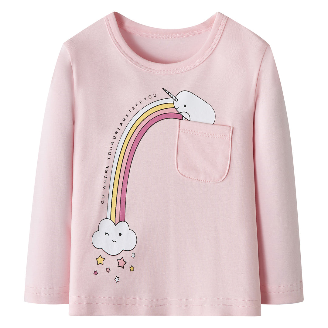 Baby Kids Pajamas Rainbow Unicorn Printed Top w Pink Stripe Pants Set - Little Kooma