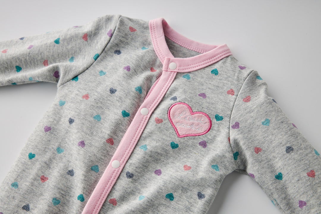 Baby Girl Embroidered Pink Heart Love Cookie Colorful Hearts Grey Button Sleepsuit All In One Jumpsuit - Little Kooma