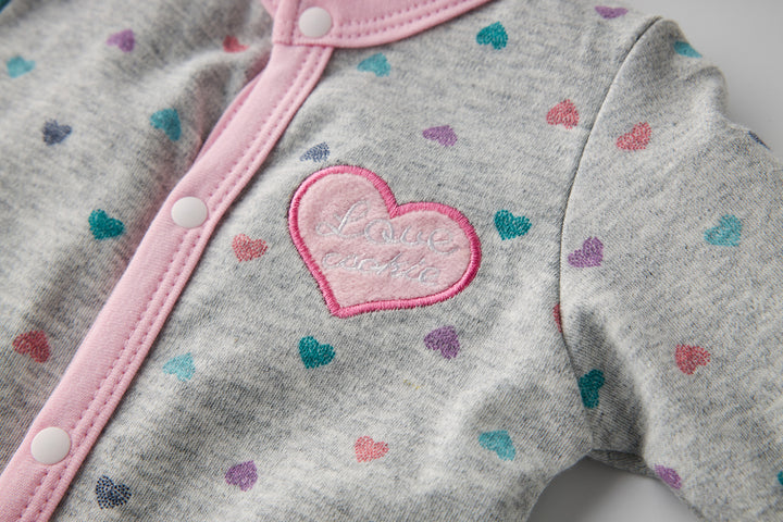 Baby Girl Embroidered Pink Heart Love Cookie Colorful Hearts Grey Button Sleepsuit All In One Jumpsuit - Little Kooma