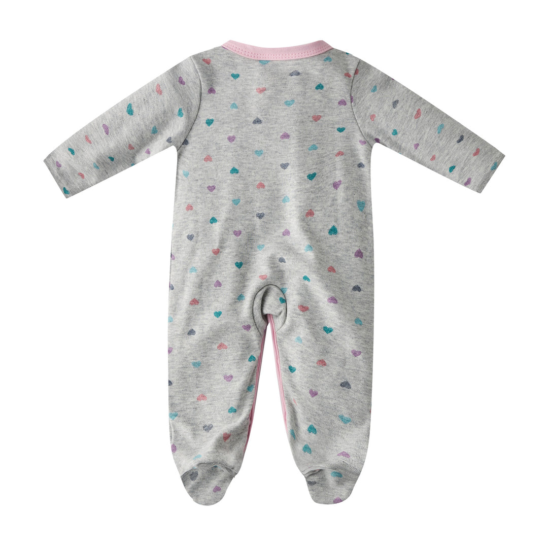 Baby Girl Embroidered Pink Heart Love Cookie Colorful Hearts Grey Button Sleepsuit All In One Jumpsuit - Little Kooma