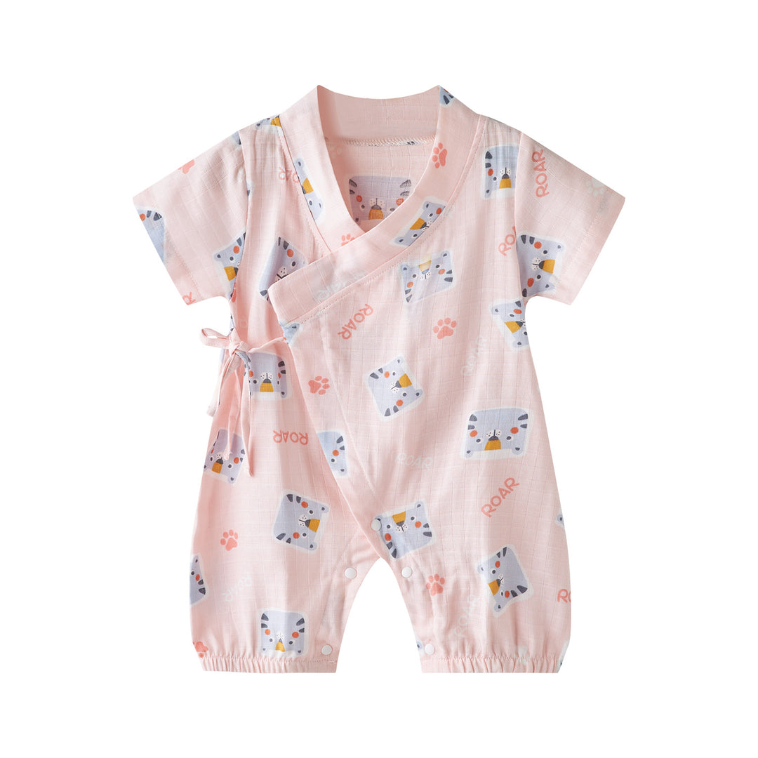 Baby Breathable Cotton Gauze Fabric Kimono Romper Pink w Cats - Little Kooma