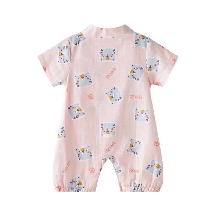 Baby Breathable Cotton Gauze Fabric Kimono Romper Pink w Cats - Little Kooma