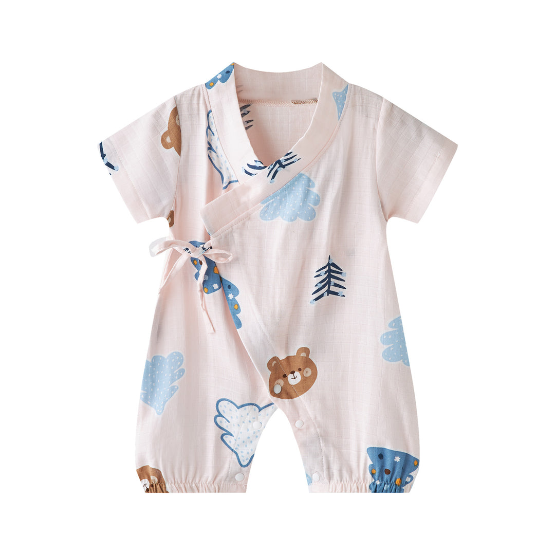 Baby Breathable Cotton Gauze Fabric Kimono Romper Pink w Bears n Trees - Little Kooma