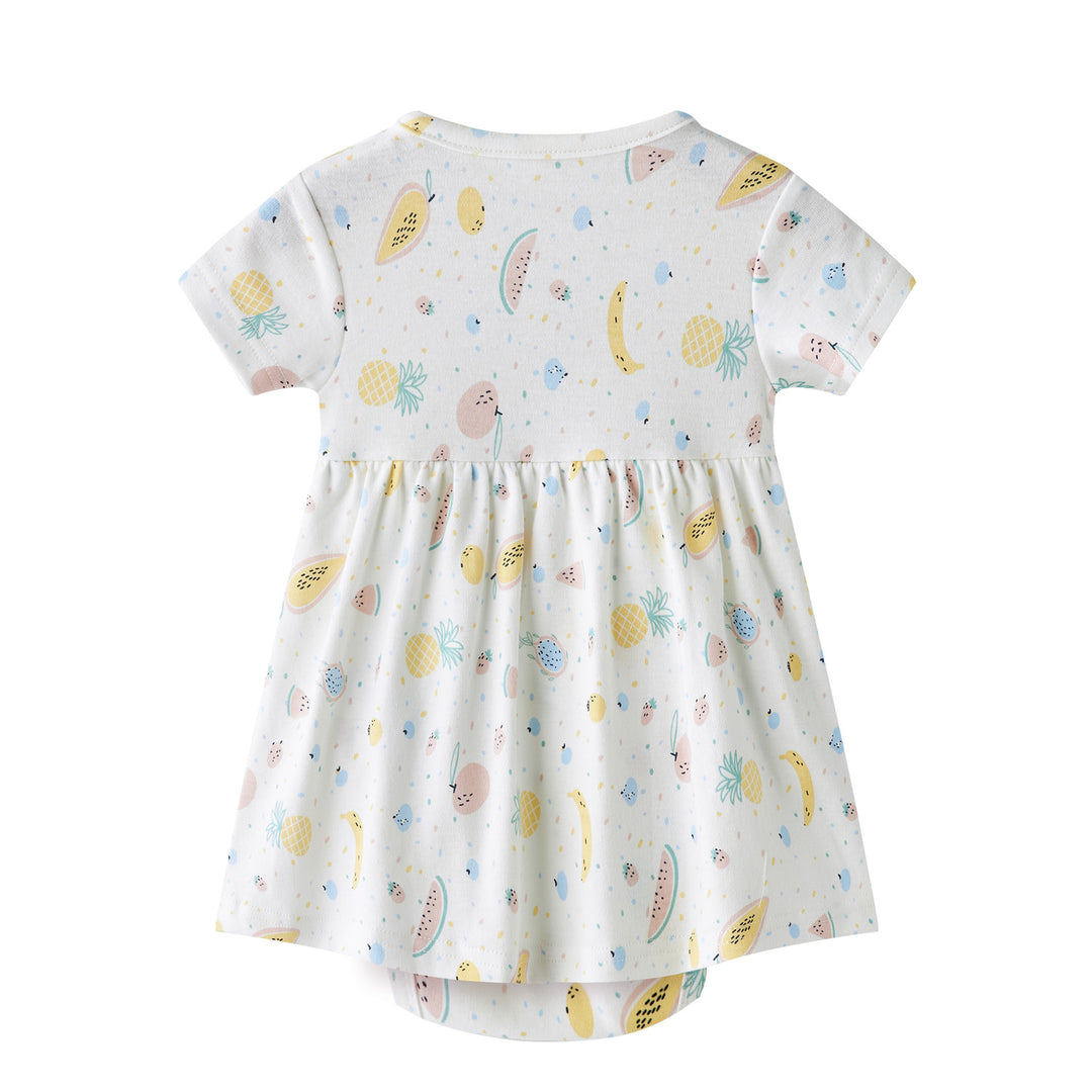 Baby Girl Short Sleeves Ruffled Bodysuit Dress White w Fruits - Little Kooma