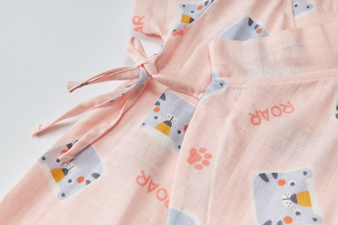 Baby Breathable Cotton Gauze Fabric Kimono Romper Pink w Cats - Little Kooma