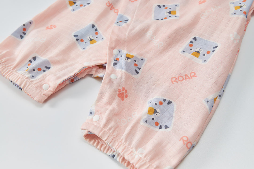 Baby Breathable Cotton Gauze Fabric Kimono Romper Pink w Cats - Little Kooma