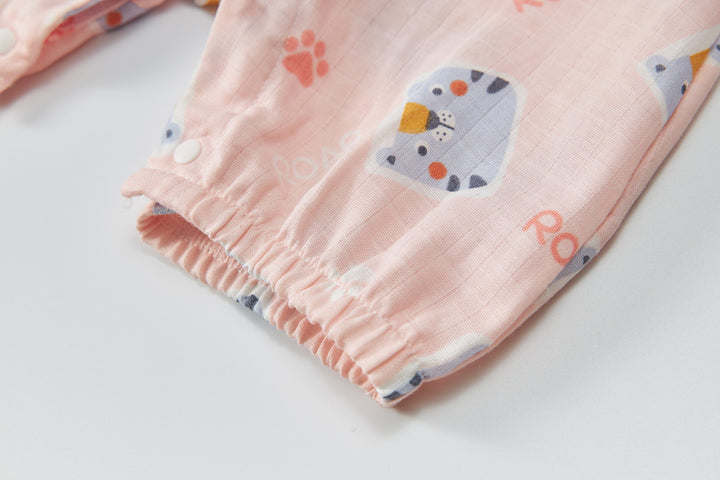 Baby Breathable Cotton Gauze Fabric Kimono Romper Pink w Cats - Little Kooma