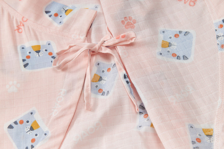 Baby Breathable Cotton Gauze Fabric Kimono Romper Pink w Cats - Little Kooma