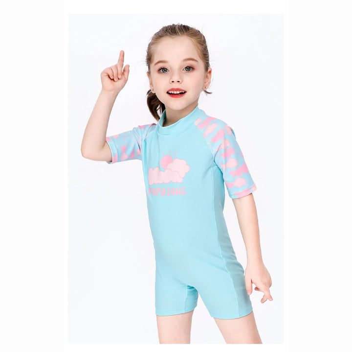 Baby Kids Girl's Pink Clouds One Piece Blue Swimming Suit n Free Cap 907026 - Little Kooma