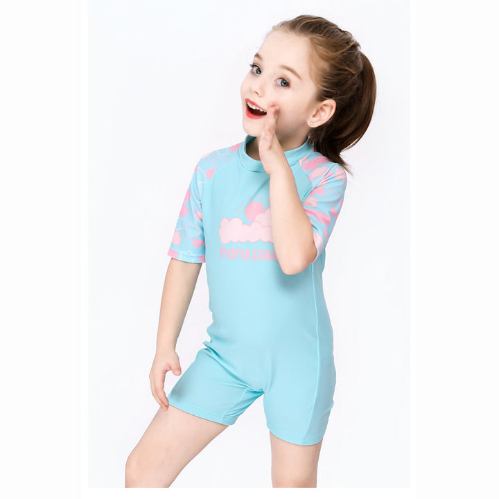 Baby Kids Girl's Pink Clouds One Piece Blue Swimming Suit n Free Cap 907026 - Little Kooma