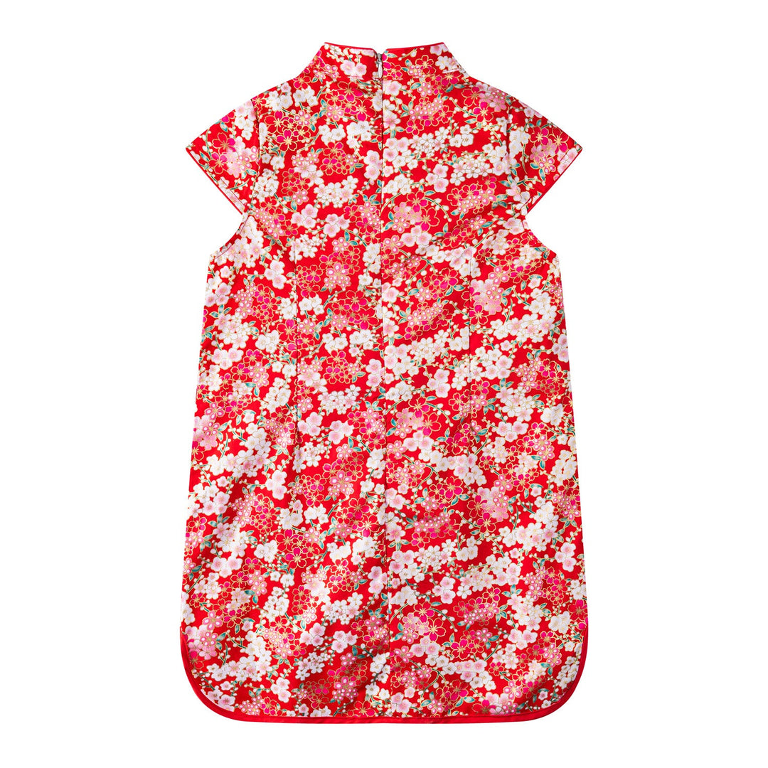 A10 Red Cheongsam Dress w White n Pink Plum Blossoms Flowers - Little Kooma