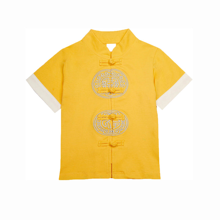 Baby Kids Boys Chinese Character Fu n Xi Yellow Cheongsam Set Top n Shorts CNY Chinese New Year Outfit - Little Kooma